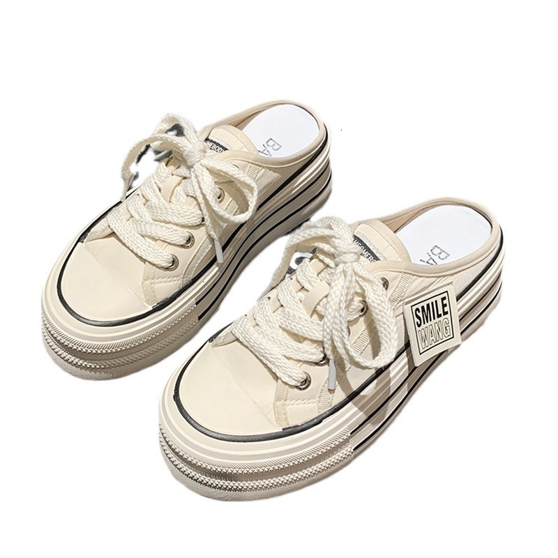 Ddmysports Baotou Half Slippers For Women Spring And Autumn Outdoor Wear New Thick Soled Height Increasing Lazy Casual Versatile Canvas White Shoes Ou