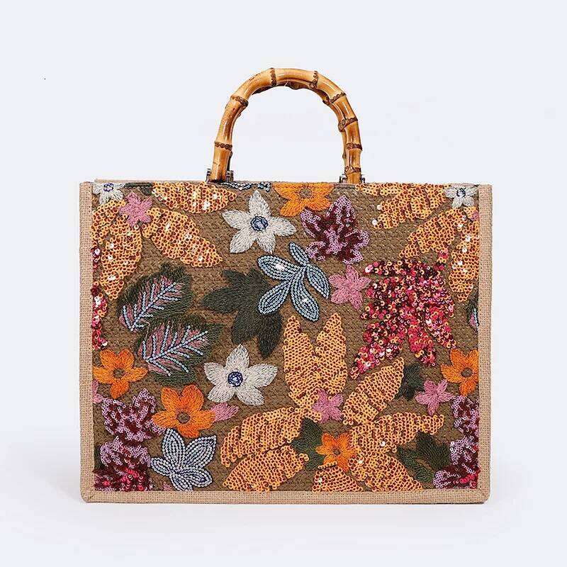 Fashion Sequins Embroidery Large Tote Bags Bamboo Handle Women Handags Flower Straw Summer Beach Bag Big Shopper Purses 2024