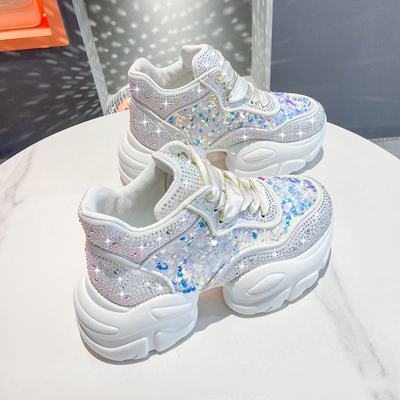 Fashion Shiny Ladies Shoes Sneakers Women Trend 2025 New Spring Platform Lace Up Rhinestone Women Casual Shoes Luxury Designer Casual Platform Shoes Z