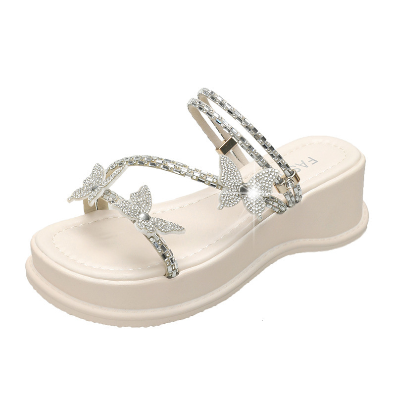 Ddmyoutdoor Rhinestone Bow Thick Sole Sandals For Women Summer New Fashionable Versatile Wedge Platform Slippers Outdoor Shoes