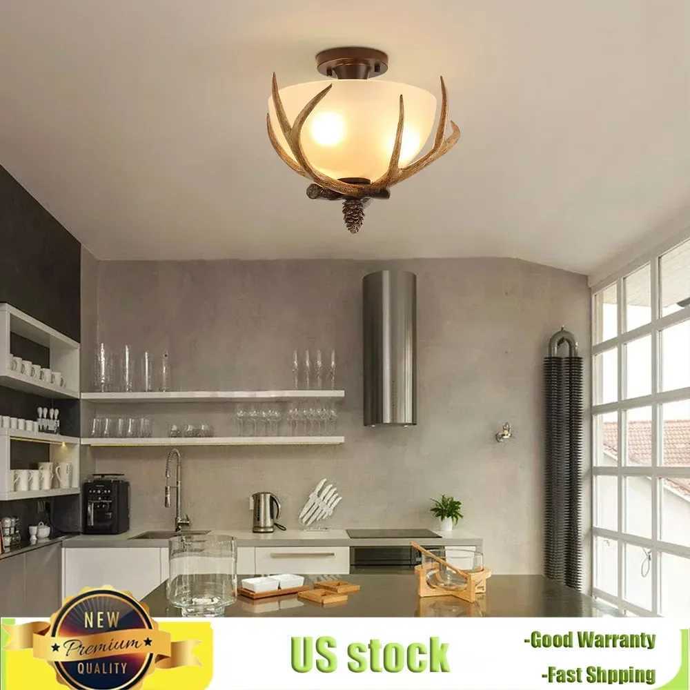 Bymaocar Antler Glass Semi Flush Mount 3-light Fixture Ceiling Lighting European Bronze Pendant Lamp Off-white Glass Lampshade XJ2500613