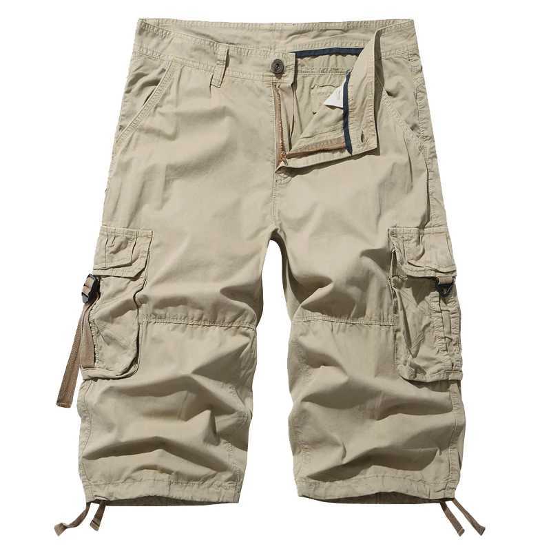 New Loose Large Size Cargo Shorts Cotton Mens Tactical Casual Shorts Solid Color Patchwork Military Shorts White Knee Length W250614