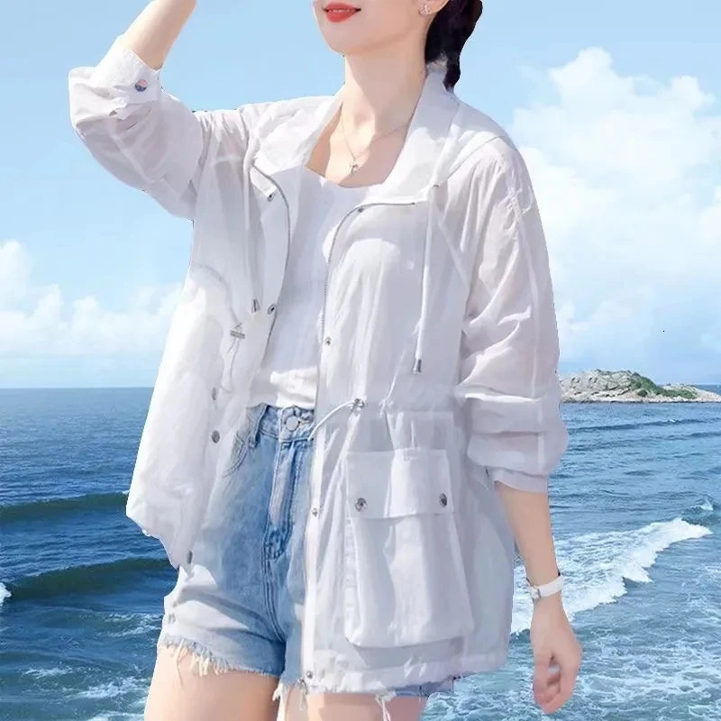 Summer Hooded Sun Protection Clothing Womens Thin Short Jacket Women Trench Coat 250611