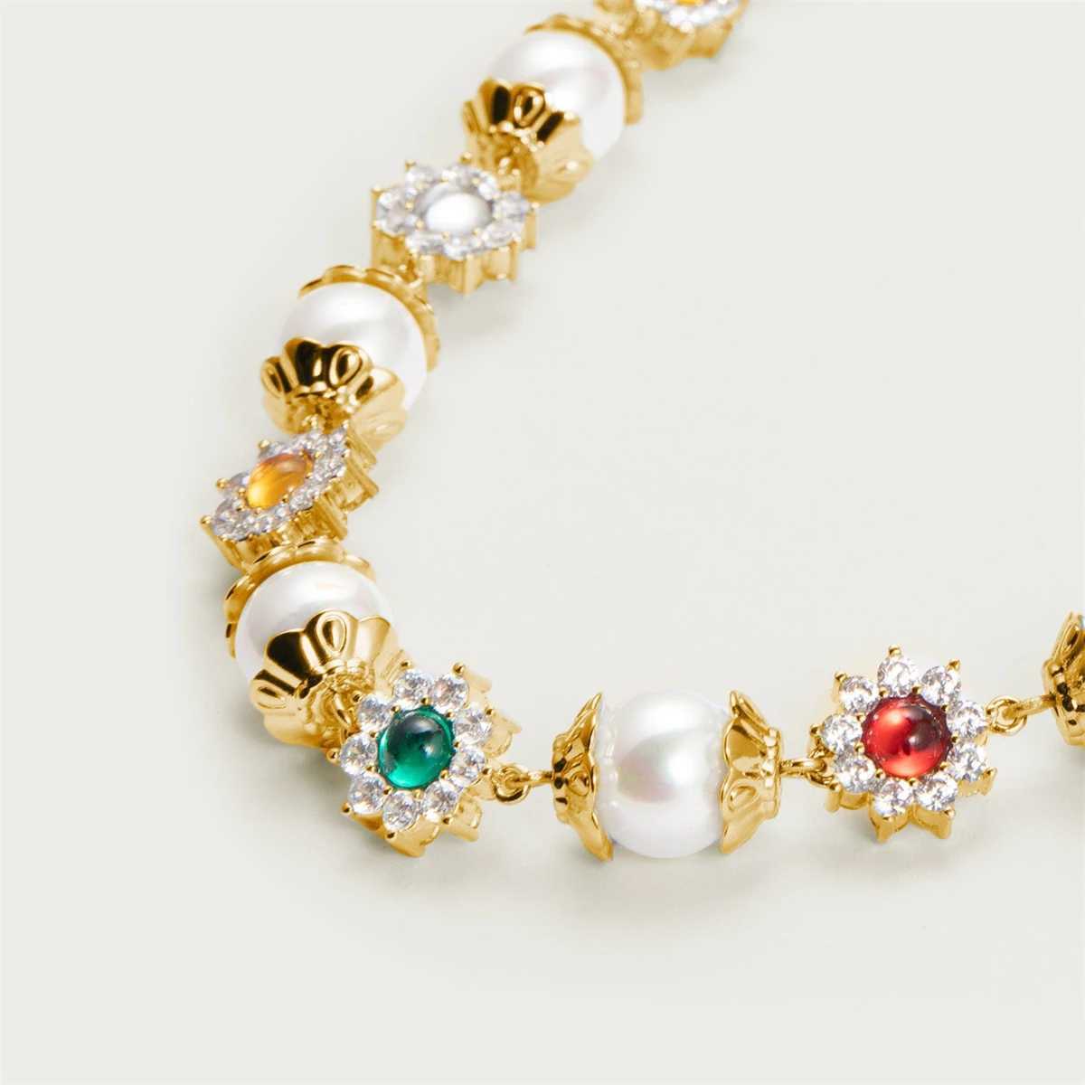 New INS hot selling pearl flower set with diamonds colorful gemstones niche fashion versatile gold-plated necklace Z250614