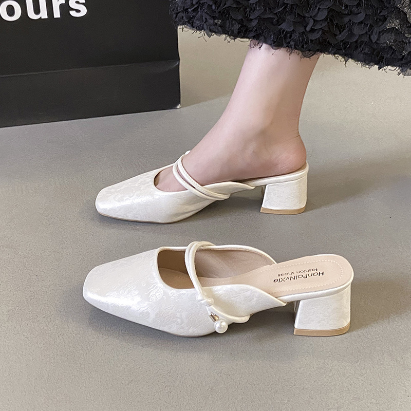 Ddmyoutdoor Baotou Half Slippers For Women Summer Outdoor Wear New Korean Style French Evening Breeze Elegant Silver Single Shoes With Thick Heels Out