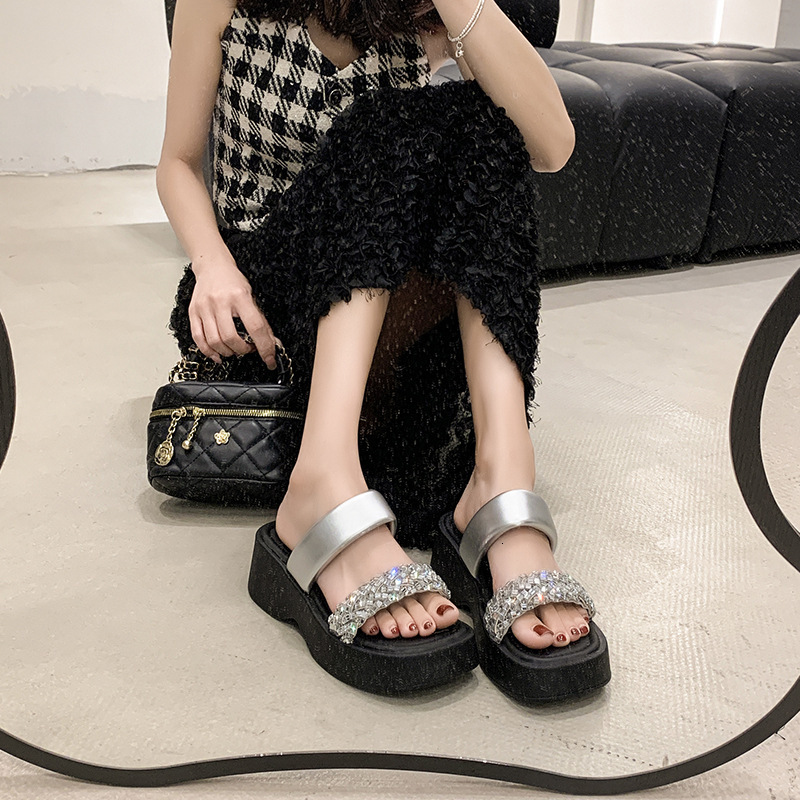 Ddmyoutdoor Stepping On Clouds Thick Sole Wedge Rhinestone Outdoor Slippers For Women Summer New Versatile Square Open Toe One Strap Sandals Outdoor S