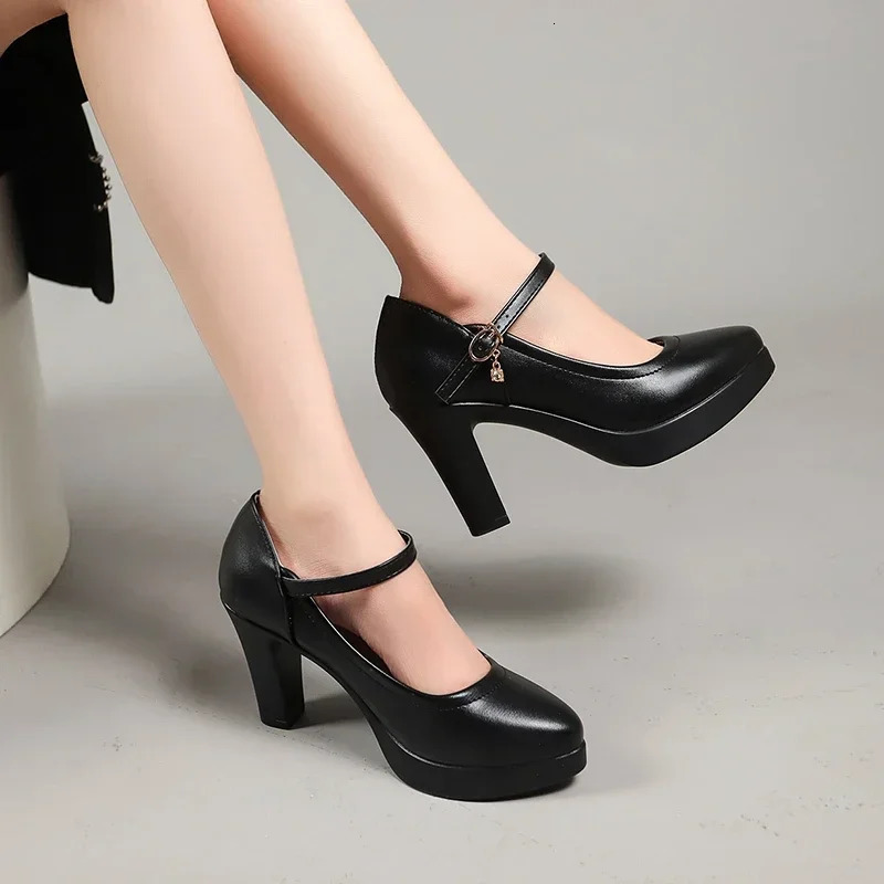 Ankle Strap Thick Heels Pumps for Women Pu Leather Office High Heeled Shoes Womans Elegant Platform Mary Jane Shoes Casual 250614