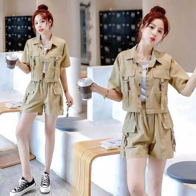 Womens Cropped Short Sleeve Lapel Jacket Summer Workwear Style Independent Station Shorts Trendy Casual Wear 250609