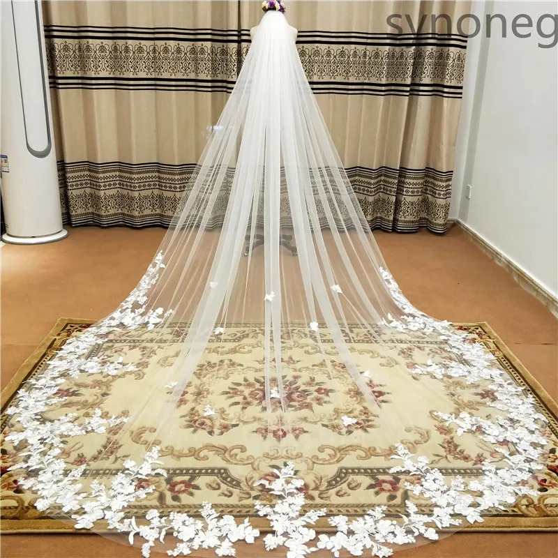 One Layer Cathedral Wedding Veil /4m/5m White Lace Edge Bridal Veil with Comb Ivory Appliqued Real Po 4m 5m 250603