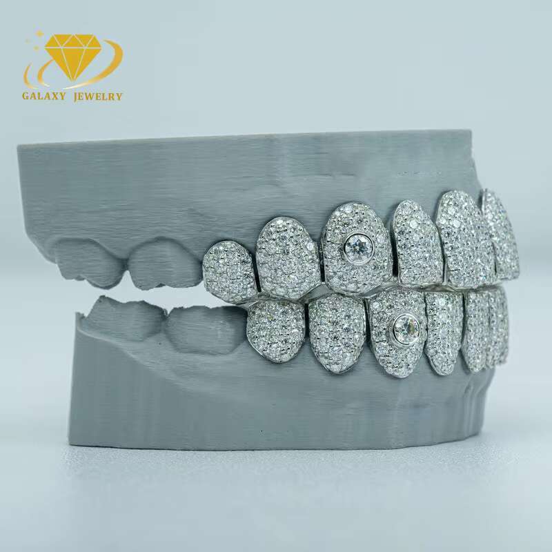 Silver 925 Hip Hop Jewelry Honeycomb Teeth Grilliz With Custom 15 Pointer Stone on Fang Ice Out Moissanite Diamond Grillz