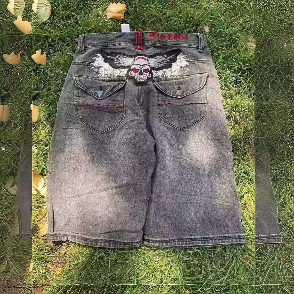 American Skull Embroidery Loose Beach Summer Street Fashion Y2K Denim Shorts Harajuku