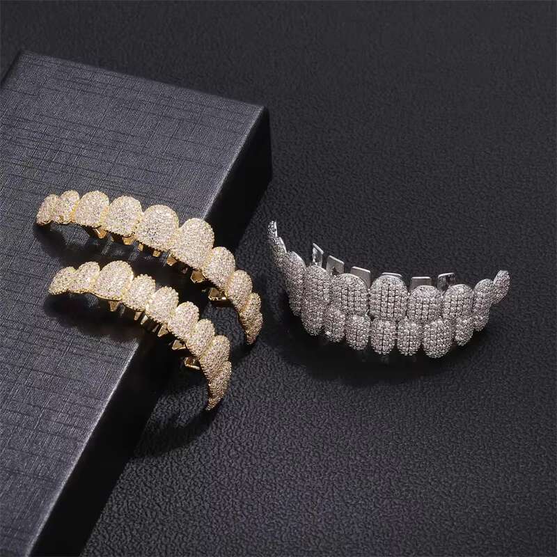Custom 14K Gold Electroplated Silver Teeth Exaggerated Hip Hop Style Moissanite Jewelry with Diamond Brace Grillz