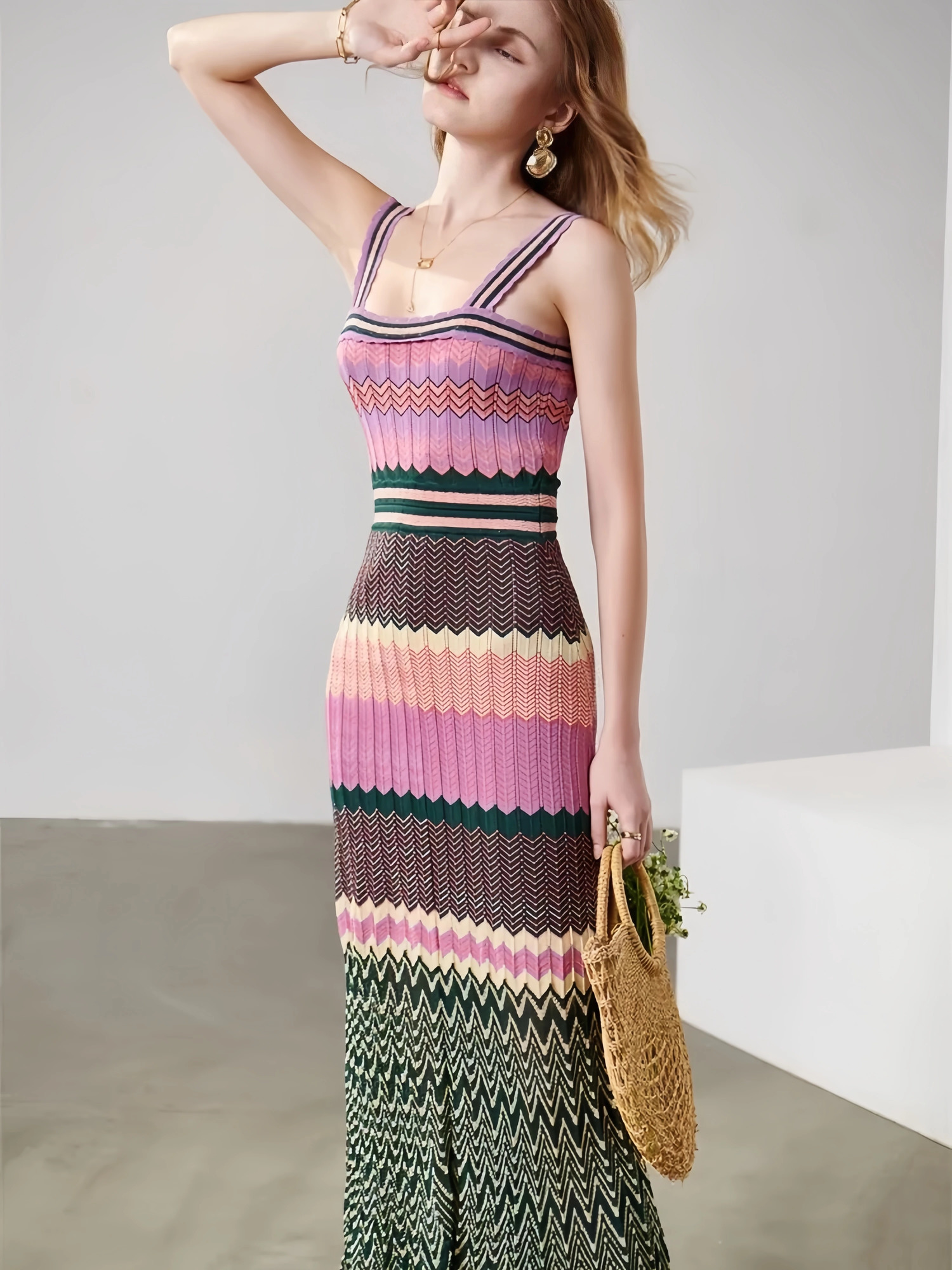 y Arab Women Strap Tank Long Zigzag Casual Vacation Fancy Boho Maxi Dress Elegant Vintage Sundress Female Holiday Clothing 250611
