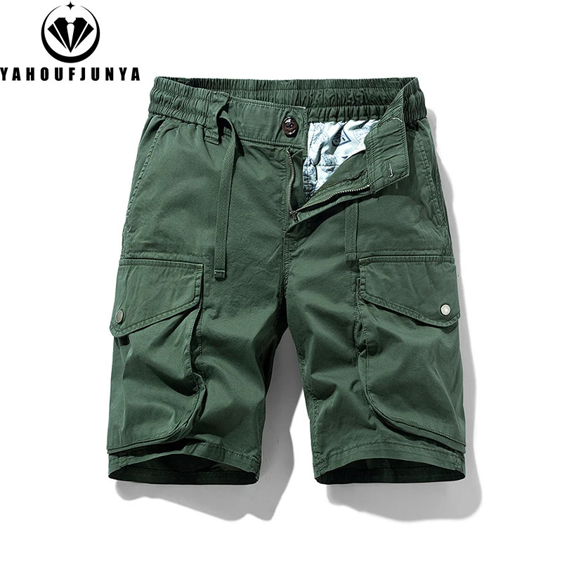 Men Summer Solid Cotton Outdoor Cargo Leisure Shorts Drawstring Buttons Straight Loose Fashion Short Male Pants 250614