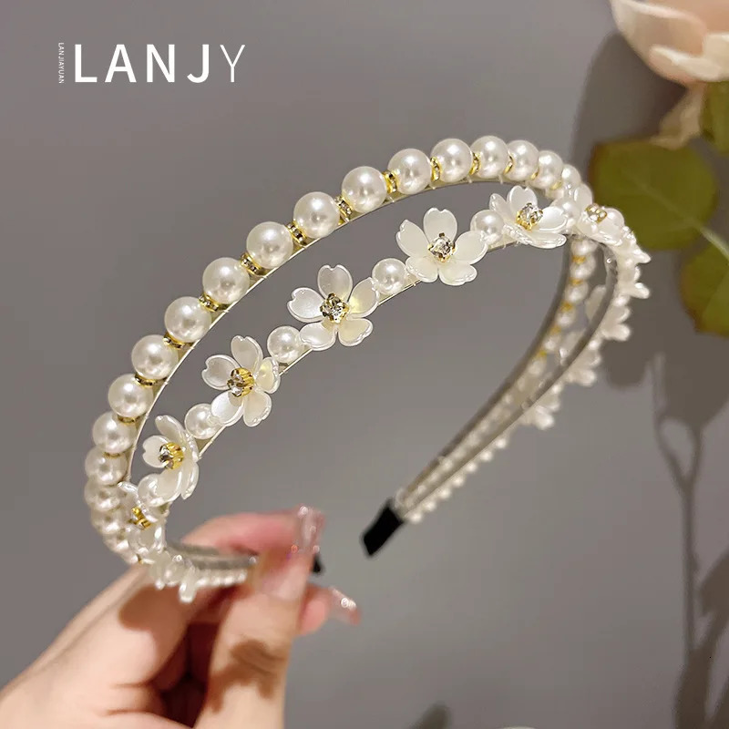 Korean network infrared departure hair accessories headband for women feminine hair bands pressed double-layer pearl flower band 250610