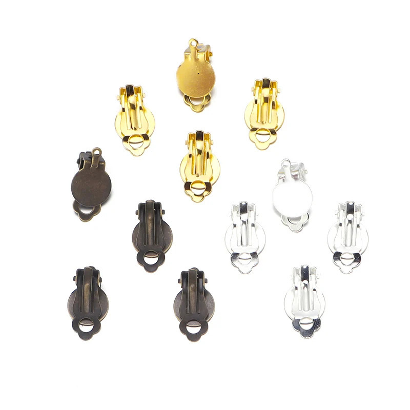 50pcs/lot 10mm Kirsite Round Flat Ear Clip Base Cabochon Bezel Tray Earrings Clips For Non Piercing Earrings Accessories 250610