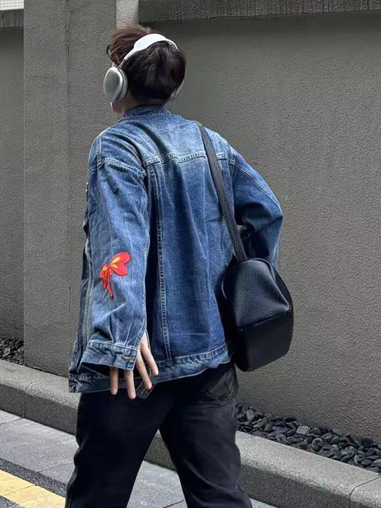 REDDACHIC Butterfly Patches Men Denim Jacket Wash Distressed Flap Pockets Long Sleeves Singlebreasted Coat Y2k Retro Outerwear 250614