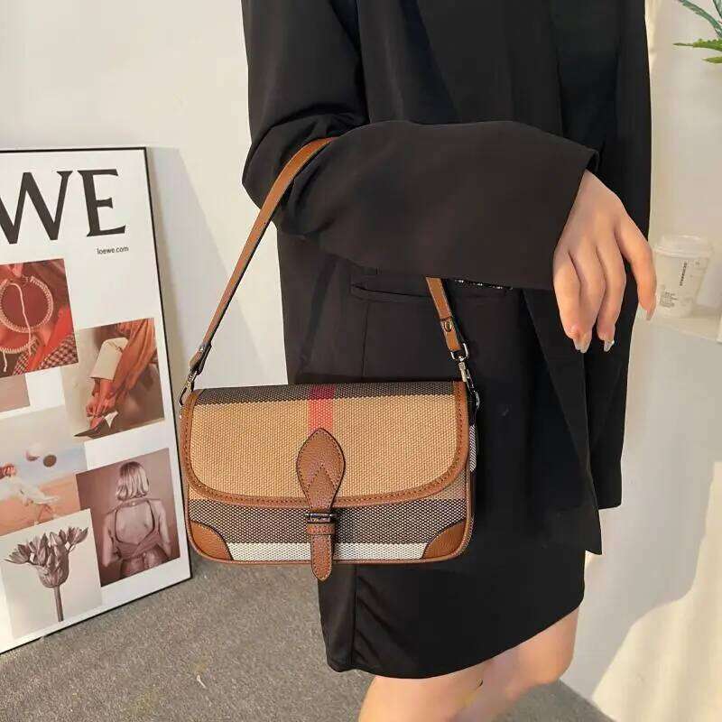 Wide Strap Shoulder Bags For Women 2024 New High Quality Leather Canvas Plaid Handbags And Purses Designer Underarm Bag
