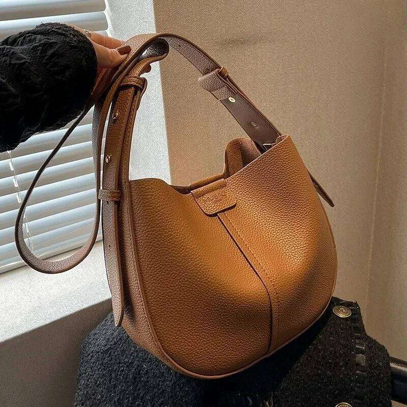 Leather Bags 2025 New Fashion Single Shoulder Crossbody Senior Explosive Women Bucket Package Simple Magnetic Buckle Bag