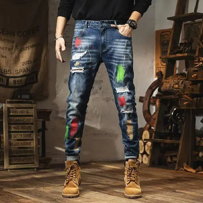 Fashion Straight Light Jeans Personality Brushed Ripped Graffiti MenS High Waist Slim Men Baggy Harem Trousers 250614