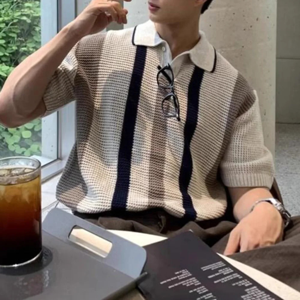 Summer Mens Striped Hollow Color Matching Short-Sleeved Polo Shirt Retro Casual Fashion Trend Loose Breathable Mens Tops 250614