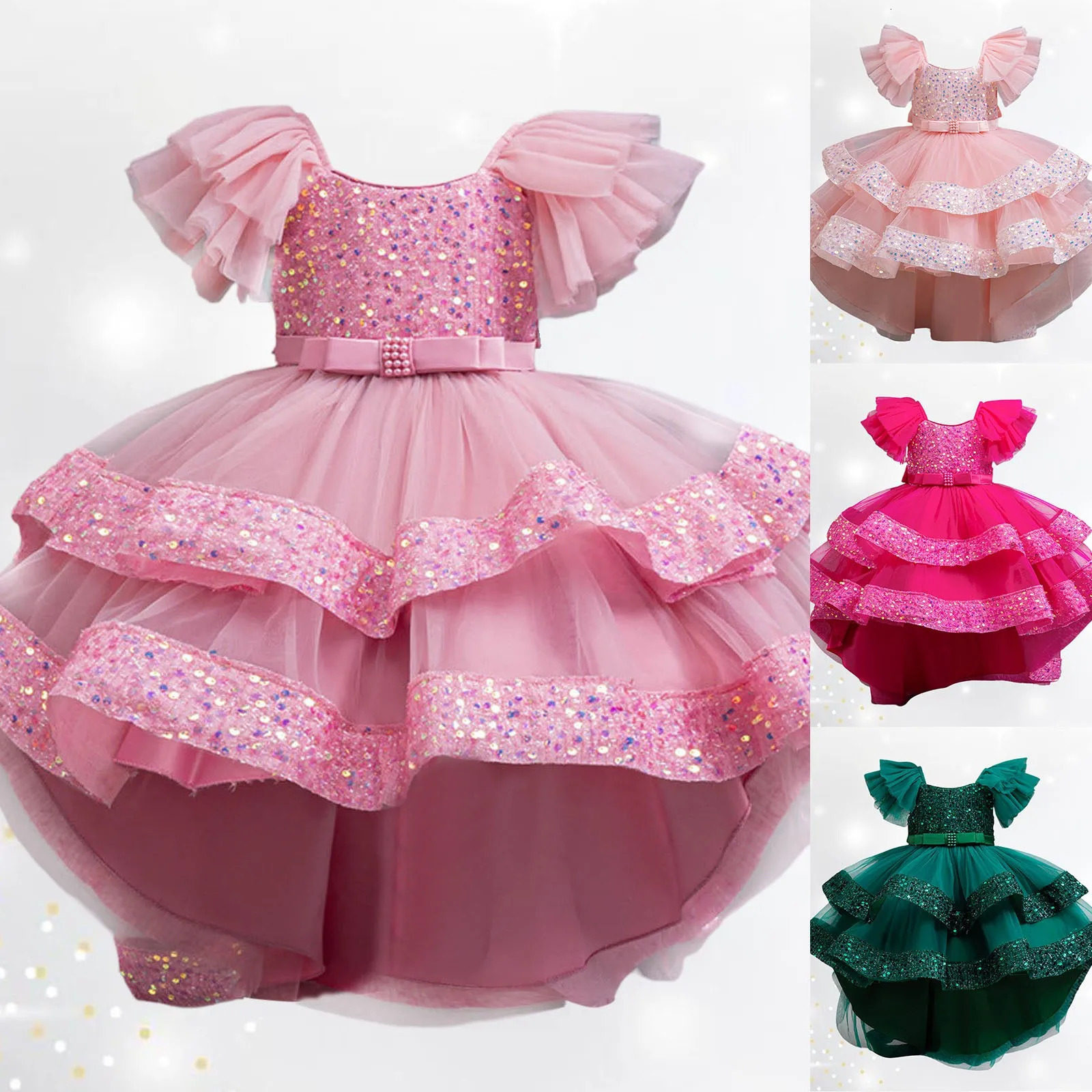 2025 Summer Sequin Bow Baby Girl Gown Birthday Party Wedding Dress for Girl Christmas Princess Evening Dresses Prom Kids Clothes 250614