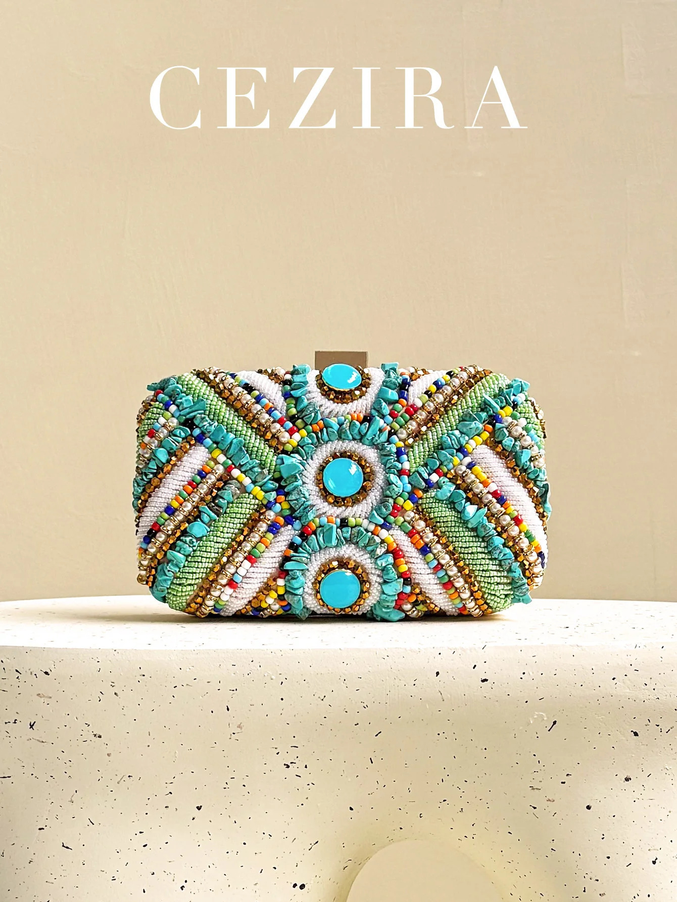 CEZIRA Womens Glamorous Luxury Colorful Beads Pearls Clutch Metal Frame Case Evening Bag Long Chain Purse Party Wedding Holiday 250614