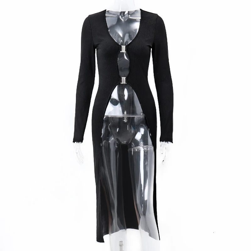 WhereMery Sexy Hollow Out Long Sleeve Maxi T Shirt Women V Neck Low Cut Metal Button Black Top Streetwear Casual Lady Tops Tees 250614