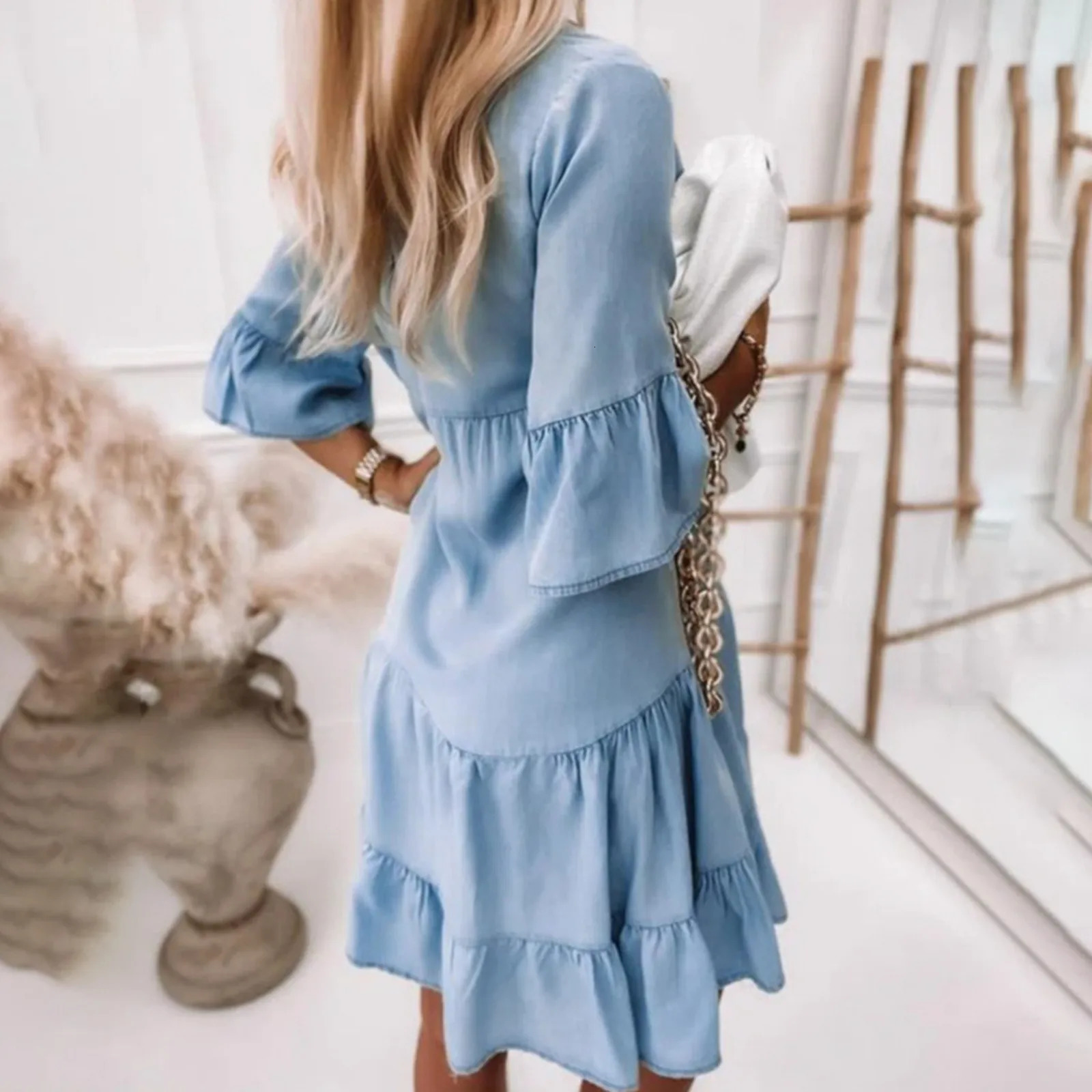 Cotton Denim Women Dresses Solid Color Mid Sleeves A-line Pattern Above Knee Stand Collar Ruffle Shirt Dress Daily Clothes 250609
