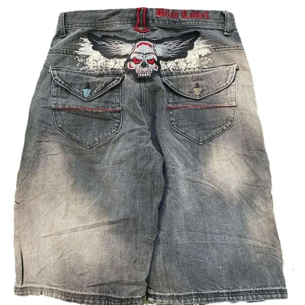 American Skull Embroidery Loose Beach Summer Street Fashion Y2K Denim Shorts Harajuku