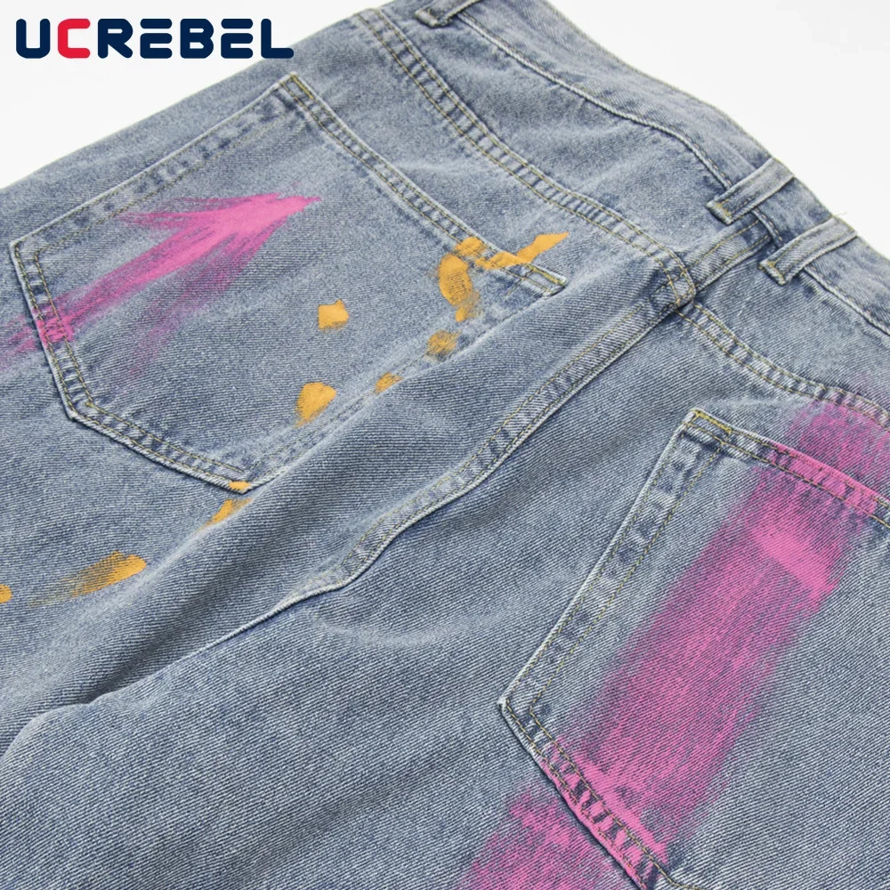 Painted Spliced Denim Pants Mens Summer High Street Loose Washed Distressed Jeans Men Trousers 250614