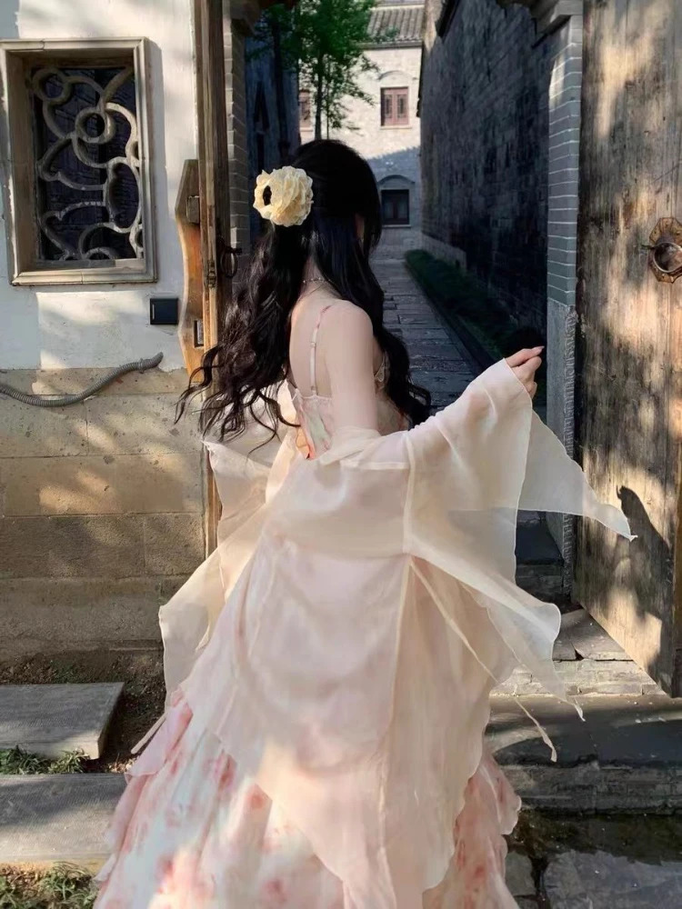 2 Piece Dress Sets Women Elegant Chiffon Summer Casual Slim Strap Dress Fairy Cardigan Fashion Chic Vintage Suit Even Party 250609