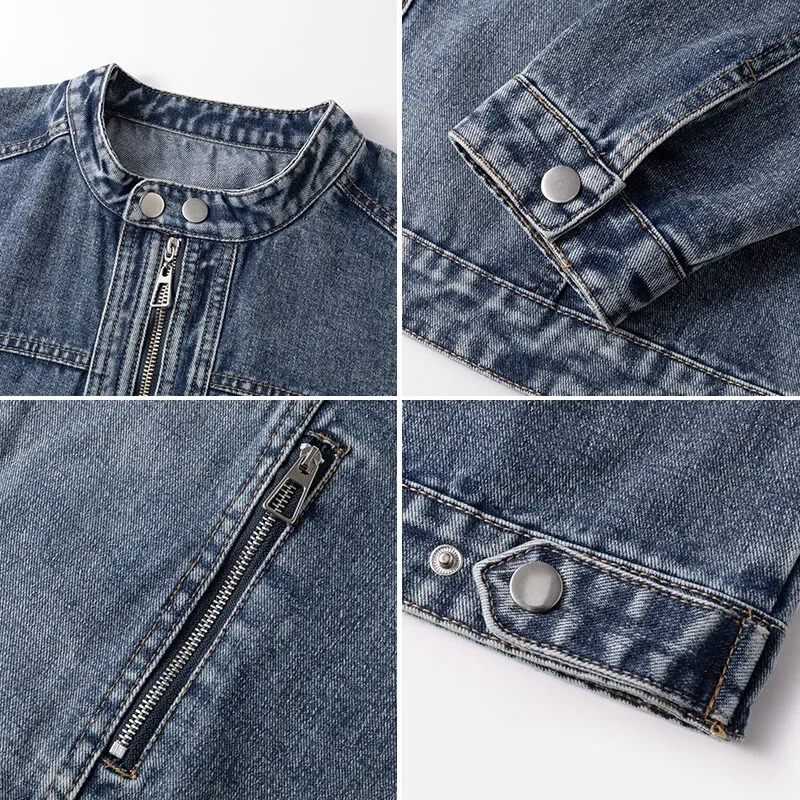 Motorcycle Denim Jacket Men Hip Hop Distressed Coat Zipper Pocket Vintage Washed Loose Jeans Unisex 250614