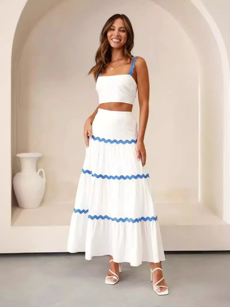 Summer Bohemian Womens Sexy Fashion Two piece Set Ripple Bra Big Swing Half Skirt Vacation Style Two piece Set 250609