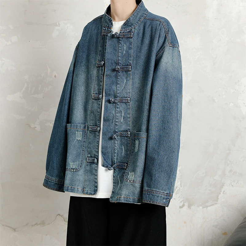 Streetwear Fashion Mens Spring and Autumn Jackets Washed Denim Tops Baggy Jacket Men Chinese Kung Fu Tang Suit Casual Coat Male 250614
