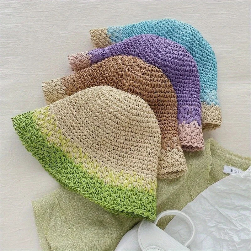 1pc Women Straw Sun Hat Foldable Beach Hat Wide Brim Floppy Bucket Hat 250610