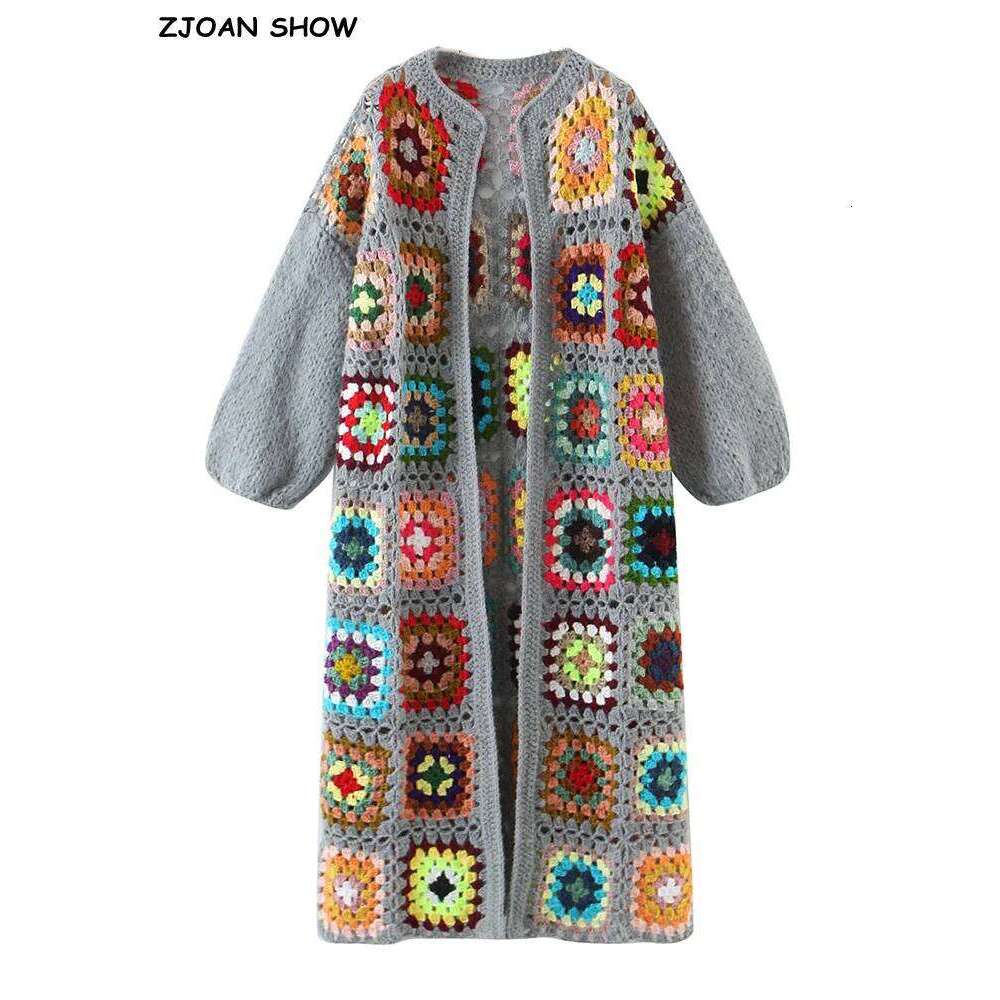 2022 BOHO Colored Plaid Flower Hand Crochet Cardigan Woman O neck Open ing Long Sweater Knitwear Holiday Jumper Gray