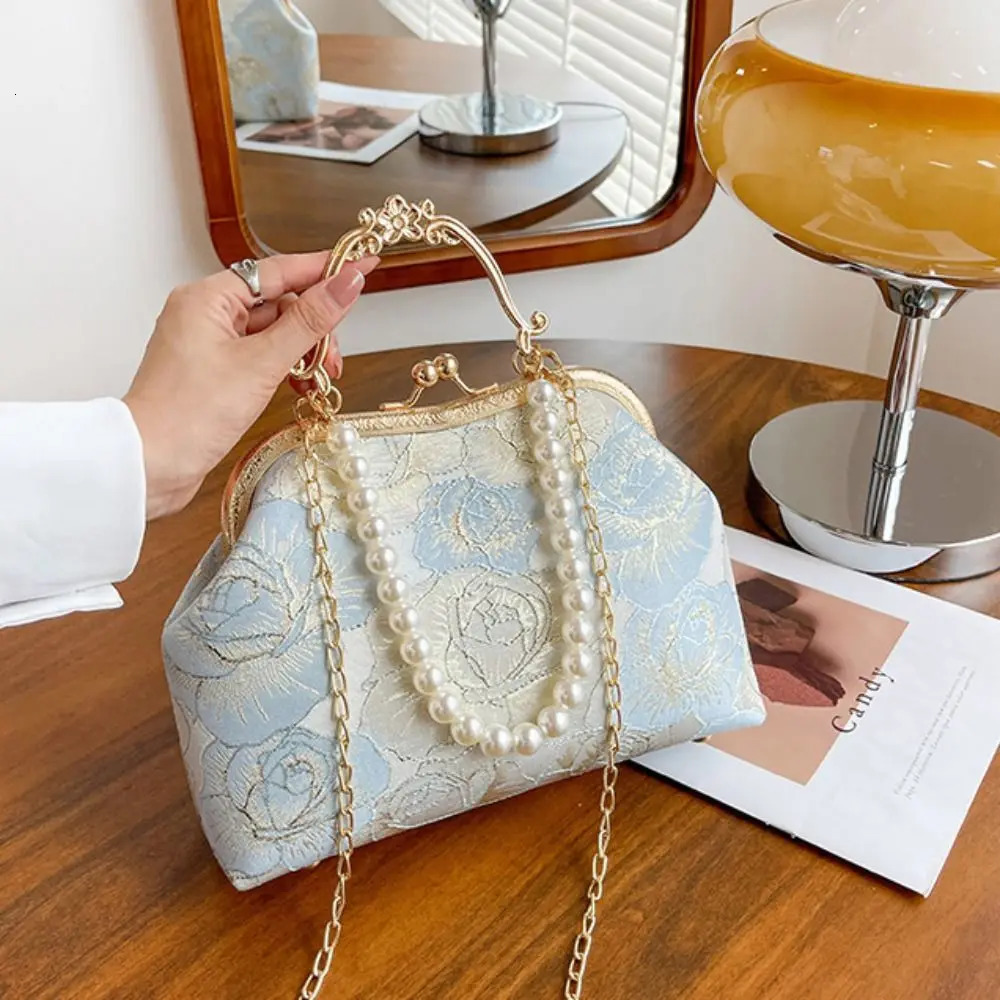 Sweet Embroidery Chinese Style Handbag Pearl Chain Ladies Evening Bags Shoulder Elegant Hanfu Shell Bag Cheongsam Accessories 250614