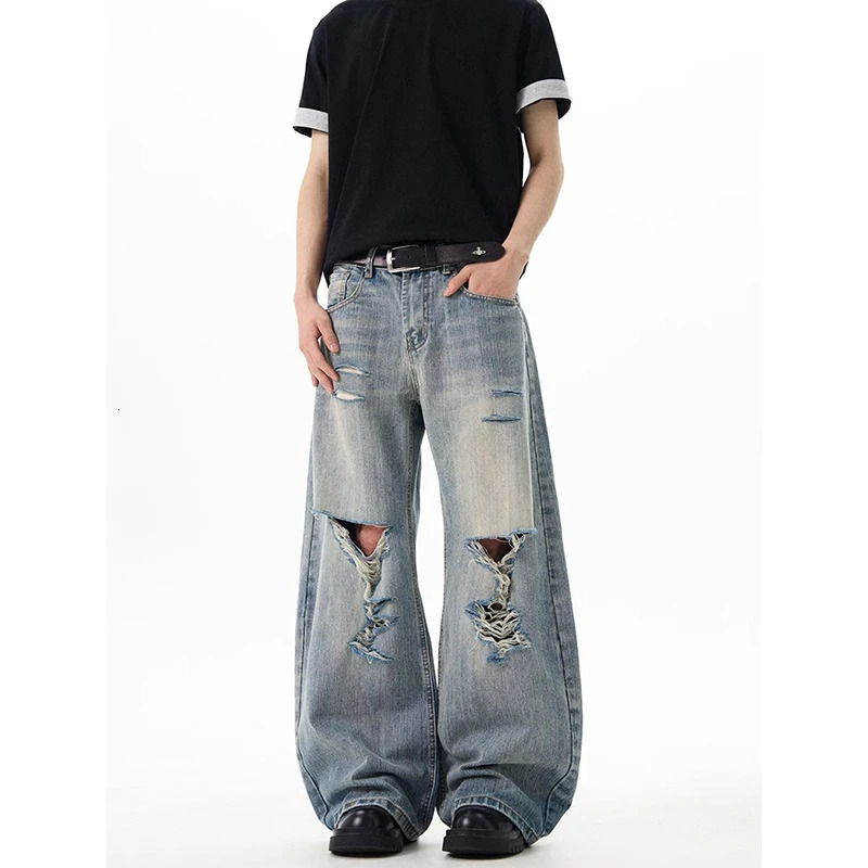 Spring American Vintage Y2k 2000s Blue Ripped Jeans Mens High Wide Leg Denim Pants Streetwear Fashion Baggy Cargo Trousers 250614