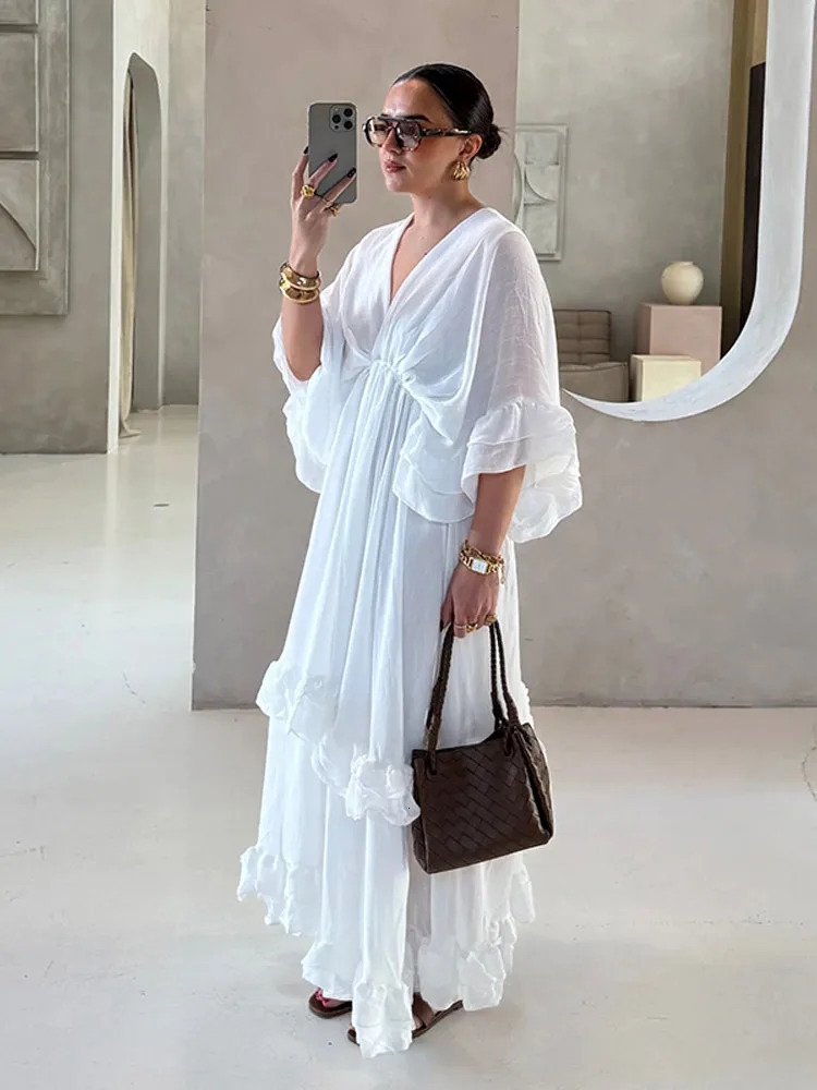 Solid Patchwork Ruffle Hem Loose Dress Chic V-neck Half Sleeve High Waist Long Dresses Female Summer Daily Commute Gowns 250613