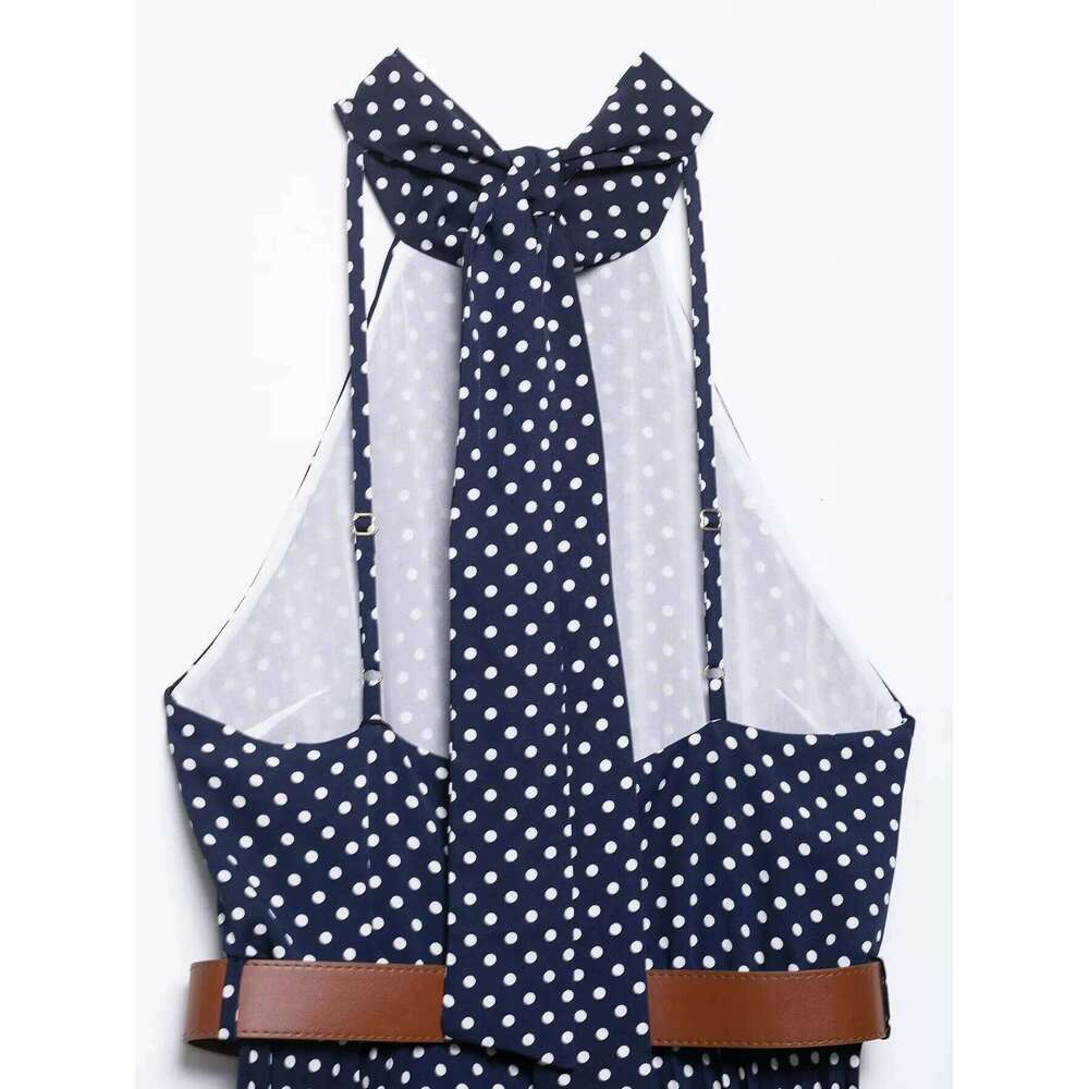 Women's Elegant And Stylish Sleeveless Off Shoulder Halter Neck Mid Length Polka - Dot Dress With Belt Decoration