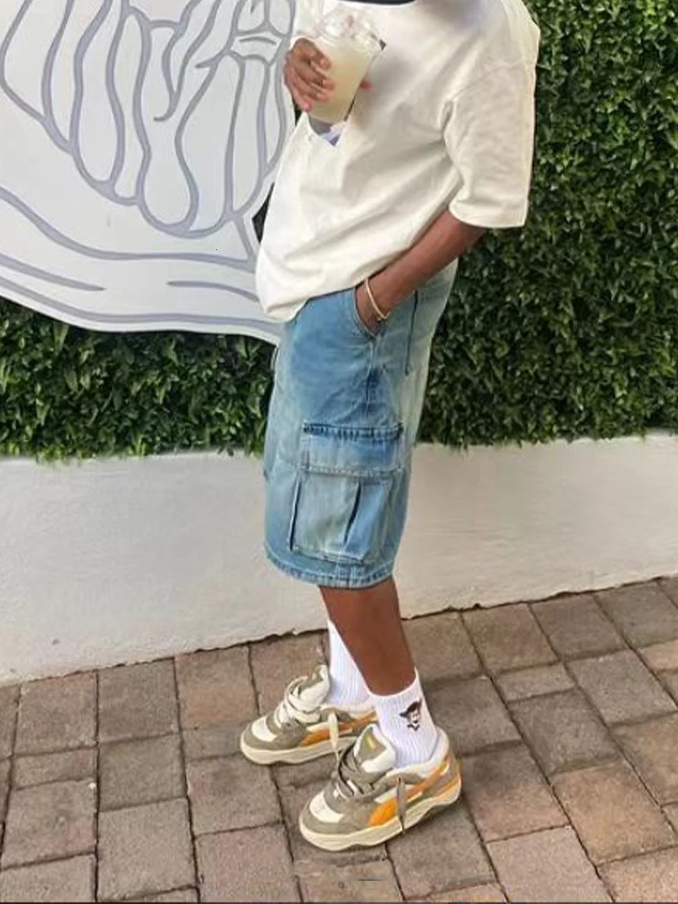 Vintage Blue Denim Shorts For Men with Side Pockets Wide Leg Loose Fit Cargo Pants Male 250614