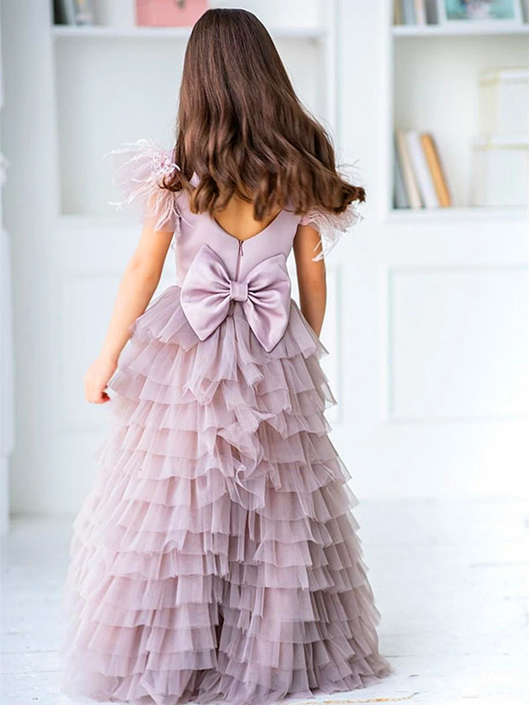 Kids Surprise Birthday Present Lovely Tulle Lace Printed Feather Flower Girl Dress Princess Ball First Communion Dresses 250614