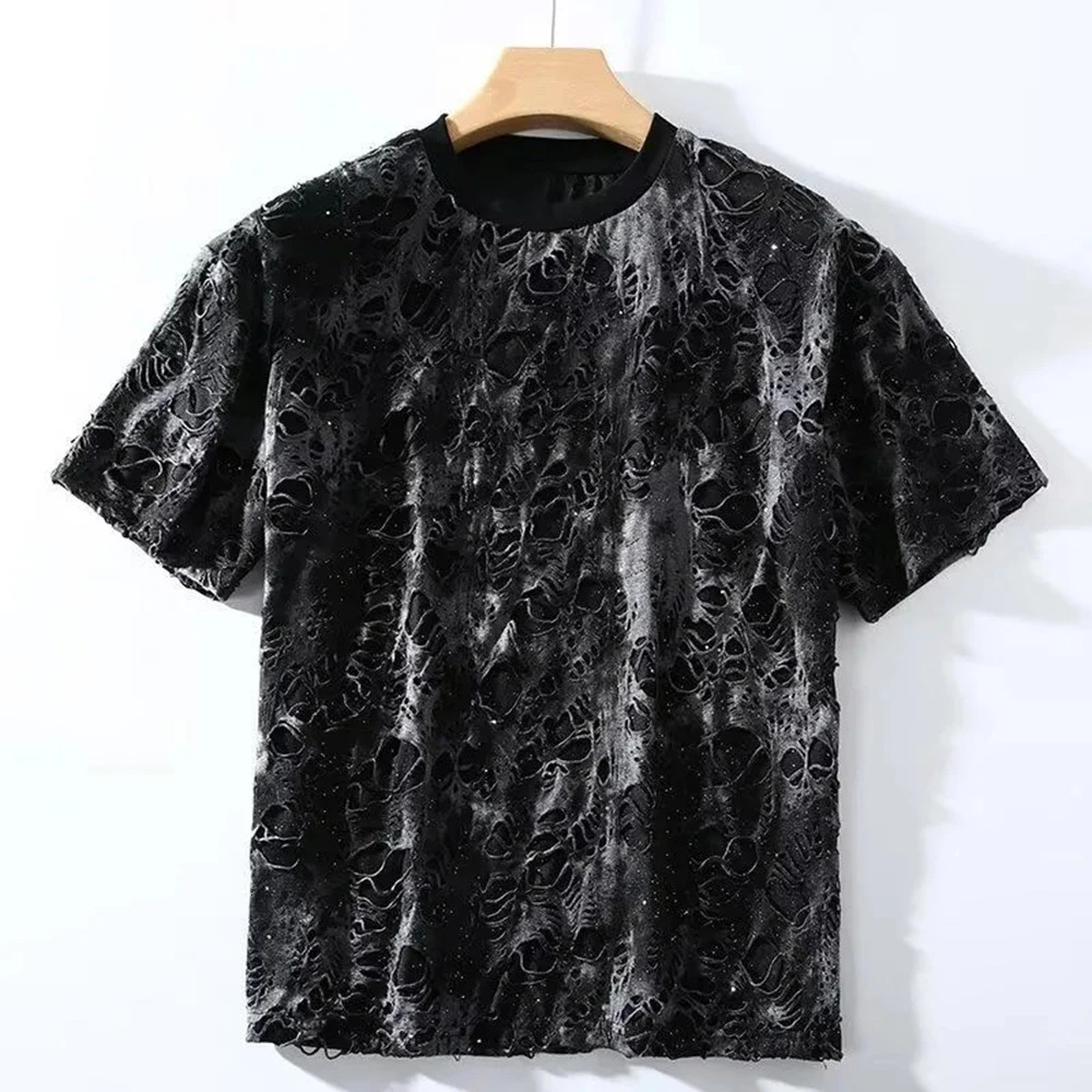 Summer Mens Rendering Hole Short-Sleeved T-Shirt Retro Trend Fashion Street Hip-Hop Loose Casual Niche Breathable Mens Tops 250614