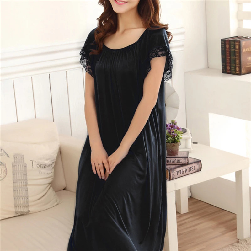 Women Night Gowns Sleepwear Lace Patchwork Nightwear Long Sleeping Dress Casual Ladies Home Dressing 250611