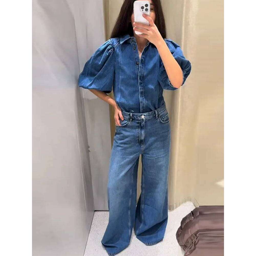 Y2k Denim Short Shirts Women Solid Lapel Half Puff Sleeve Single Breasted Pleated Top 2025 Spring Summer Fashion Streetwear Lady