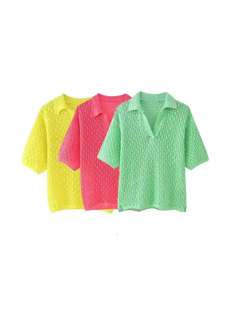 TRZA Women Fashion Pointelle Knit Loose Sweater Polo Collar Short Sleeve Female Pullovers Chic Tops 250612