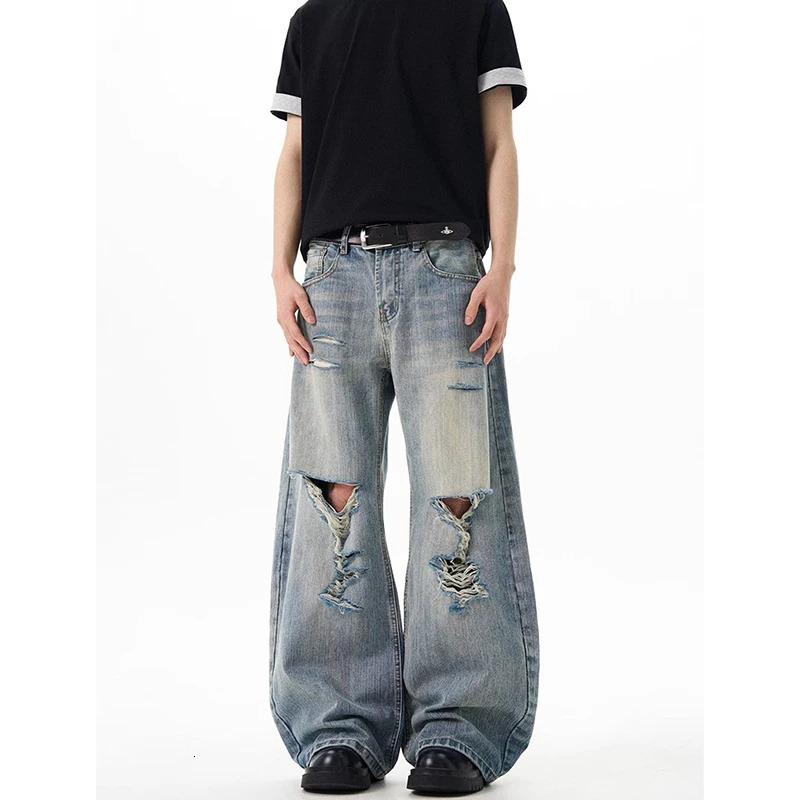 Spring American Vintage Y2k 2000s Blue Ripped Jeans Mens High Wide Leg Denim Pants Streetwear Fashion Baggy Cargo Trousers 250614
