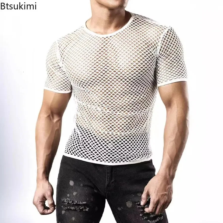 Mens Sexy Mesh T-shirts Transparent Hollow Out Fishnet Short Sleeve O-neck Tops Men Sport Fitness Tees Nightclub Vest 250614