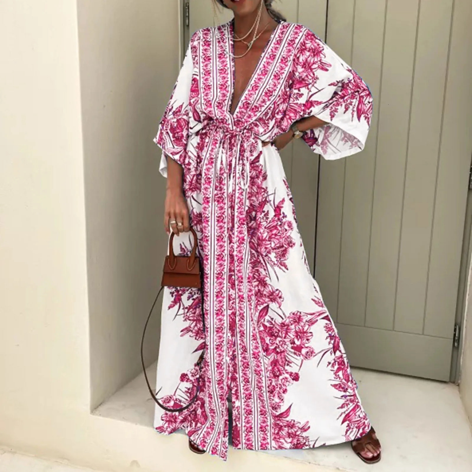Boho Dress Women Fashion Japanese Kimono Cardigan With Belt Vintage Print Half Sleeve Dresses Summer Beach Loose Casual Vestidos 250611